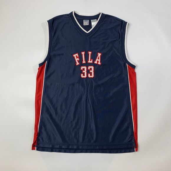 Vintage Fila Jersey Mens L Large Navy Red Patched Spell Out Logo Basketball - Picture 2 of 10